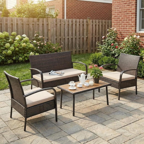 Topcobe 4 Pieces Patio Cushioned Wicker Conversation Set, Outdoor Sectional Set with Acacia Wood Tabletop