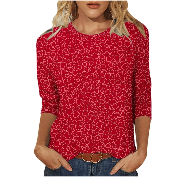 Kaemgyyd Valentine's Day Tops for Women Oversized 3/4 Sleeve Print Shirts Plus Size Crew Neck Tunic Tee Spring Summer