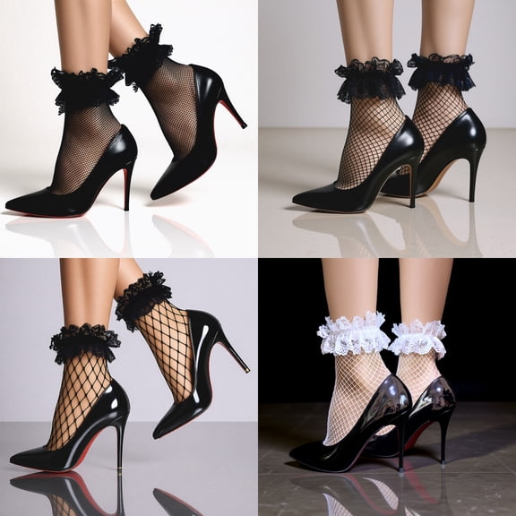 Women's Ruffle Cuff Lace Anklet Socks Lace breathable pleated mesh black socks 4Pcs