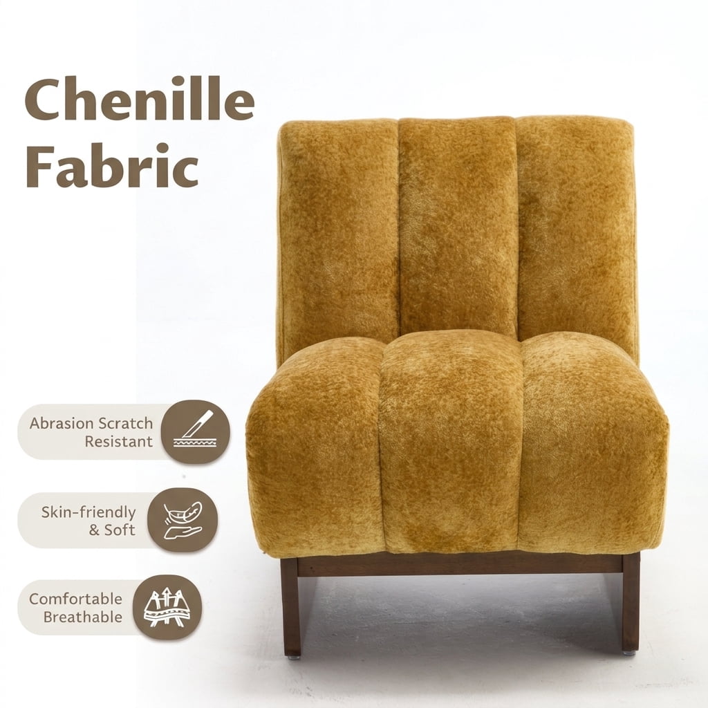 MOONMISS Modern Chenille Fabric Armchair with Wood Legs, Comfy Upholstered Reading Accent Chairs for Living Room,Yellow