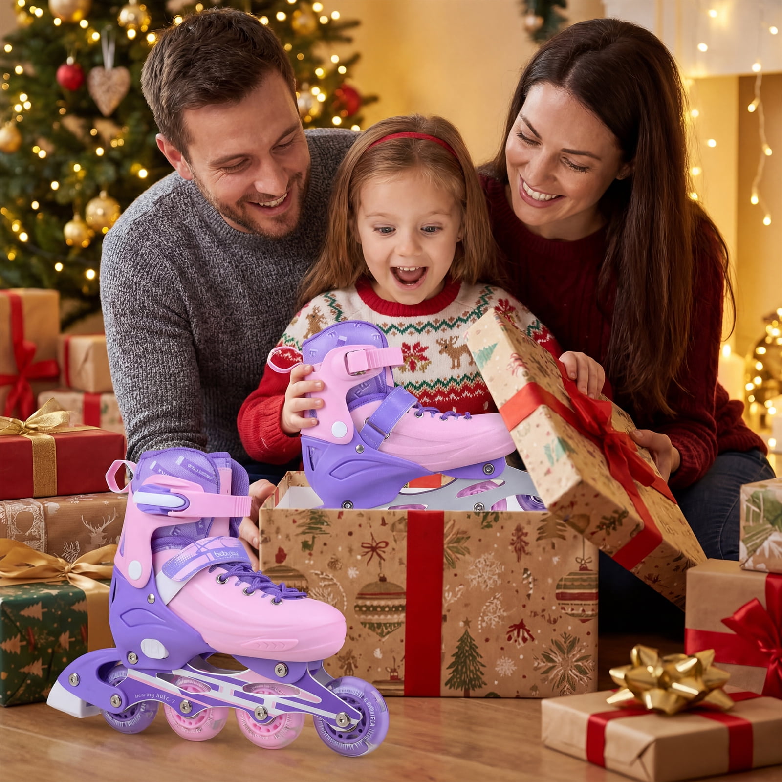 Babyjoy 4-Size Adjustable Light-Up Roller Skates with Illuminating Wheels & Safety Support Purple