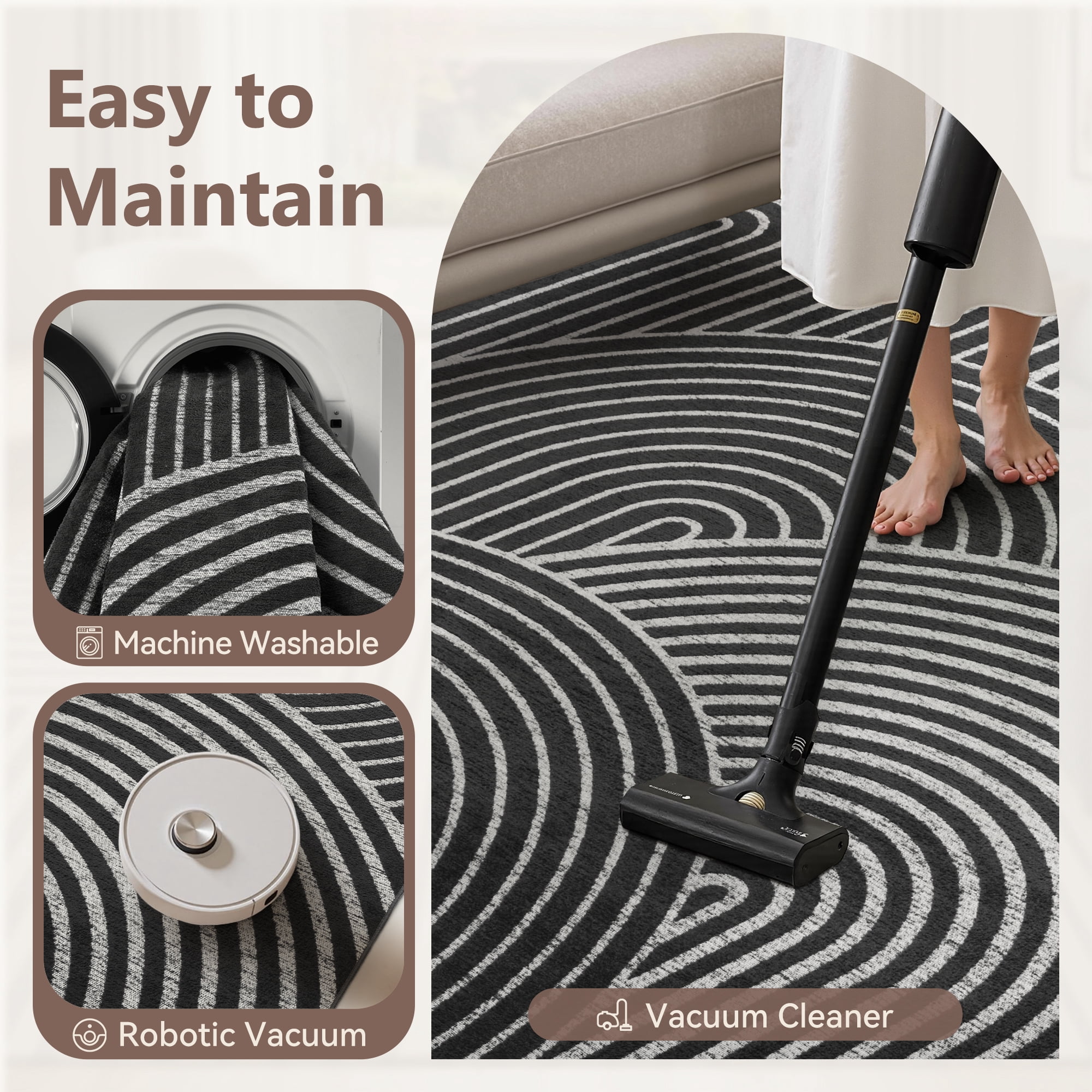 SIXHOME 5'x7' Area Rug Washable Boho Modern Rugs for Living Room Bedroom Jacquard Geometric Soft Carpet Non Slip Indoor Rugs for Dining Room Home Office Neutral Gray Black