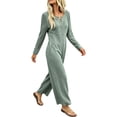 thumbnail image 3 of Womens Jumpsuits Knit Button Long Sleeve Jumpsuit Waffle Casual Round Neck Wide Leg Romper With Pockets Fall Winter Daily Wear, 3 of 7