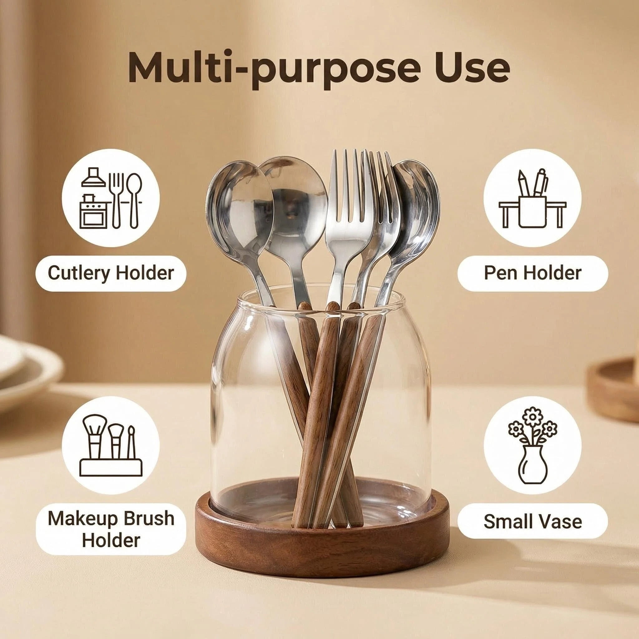 Glass Utensil Holder With Wooden Base,Fork And Spoon Set With Wood Handles,Cutlery Caddy For Kitchen Afternoon Tea Ice Cream Cake Stainless Steel