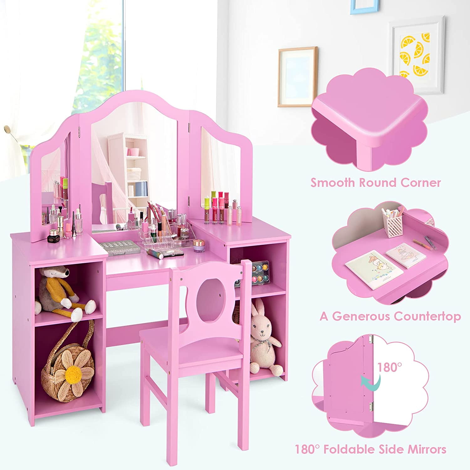 OLAKIDS Kids Vanity, 2 in 1 Princess Makeup Desk & Chair Set with Tri-Folding Detachable Mirror, Large Storage Shelves, Wooden Dressing Table, Pretend Play Vanity Set for Girls