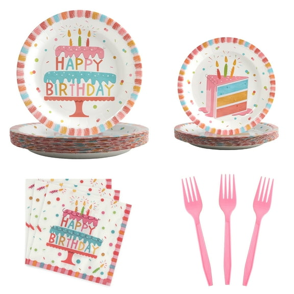96Pcs Birthday Plates and Napkins Party Supplies, Pink Happy Birthday Cake Theme Party Paper Plates and Napkins Sets for Kids, Serve for 24 Guests, Striped Edge