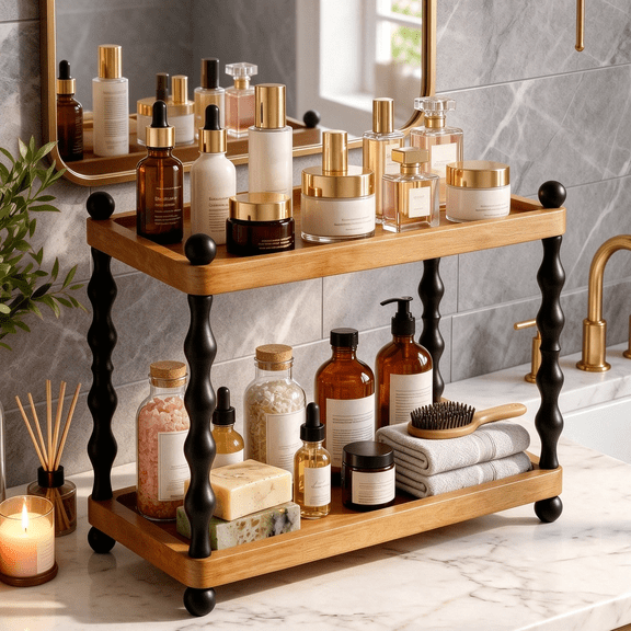 2-Tier Bathroom Counter Organizer , Wood Countertop Organizer for Storage, Skincare Organizers for Vanity, Counter Shelf for Bathroom Organization