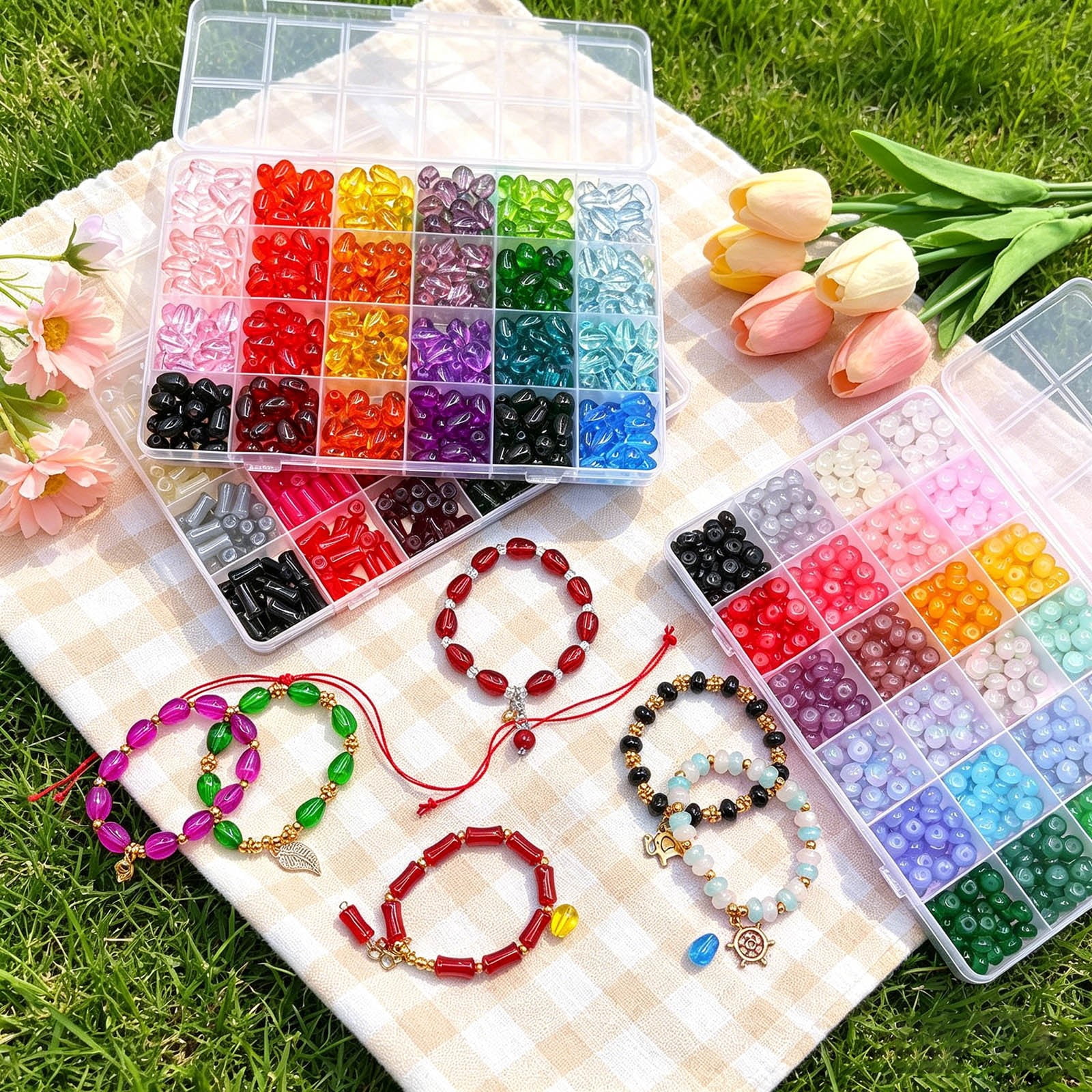 6mm Glass Beads Bracelet Making Kit, 24 Colors Bamboo Shaped Natural Beads for Jewelry Making, Teardrop Glass Beads for DIY Necklace Crafts for Girls Adults (Circle)