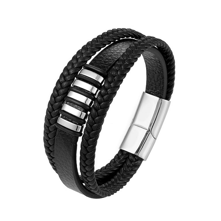 Multi-layer Leather Stainless Steel Men's Bracelet Black / 23cm