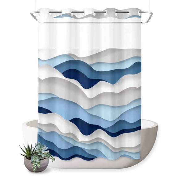 No Hook Shower Curtain, Blue White Ombre Shower Curtains for Bathroom with See Through Top Window, Modern Geometric Moire Abstract Art Waterproof & Washable Bath Curtain Stall 48"x72"