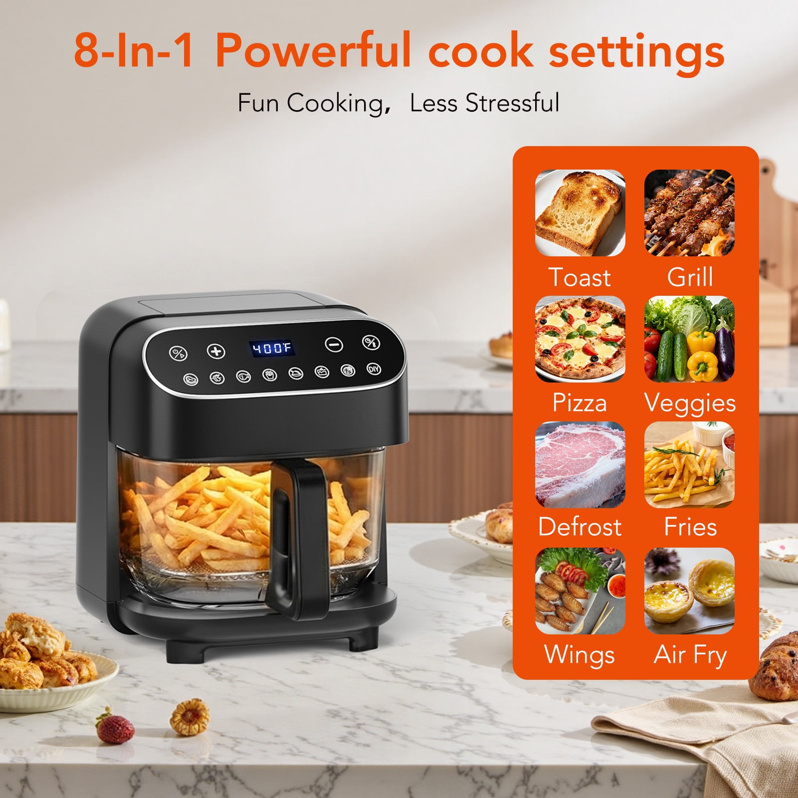 KNDKO 8-in-1 High Glass Air Fryer, Roast, Reheat, Dehydrate & Fries, PFAS-Free Non-Stick & Coating-Free, 4.5QT Compact Design, 400°F Max Temp with View Window & Dishwasher Safe Parts