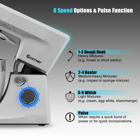 Costway - Tilt-Head Stand Mixer 7.5 Qt 6 Speed 660W with Dough Hook, Whisk & Beater - Silver