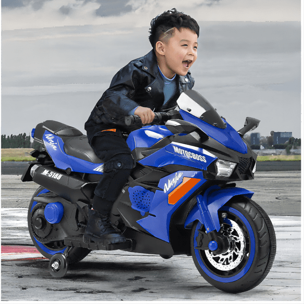 Motocicleta electrica para ninos motocicleta de paseo de 12V juguete para ninos con freno de pie rueda luminosa y asiento de PU color azul. Bodega Aurrera en linea