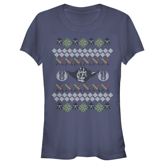 Junior's Star Wars Ugly Christmas Yoda  Graphic Tee Navy Blue X Large