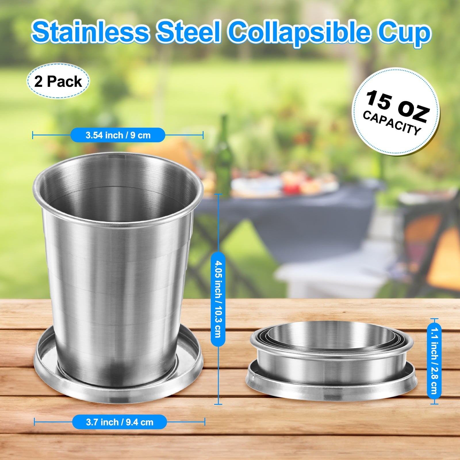 Uxcell 2 Pack Stainless Steel Collapsible Travel Cup, 15oz(450ml) Reusable Collapsible Metal Cup Portable Foldable Water Bottle with Lid and Keychain