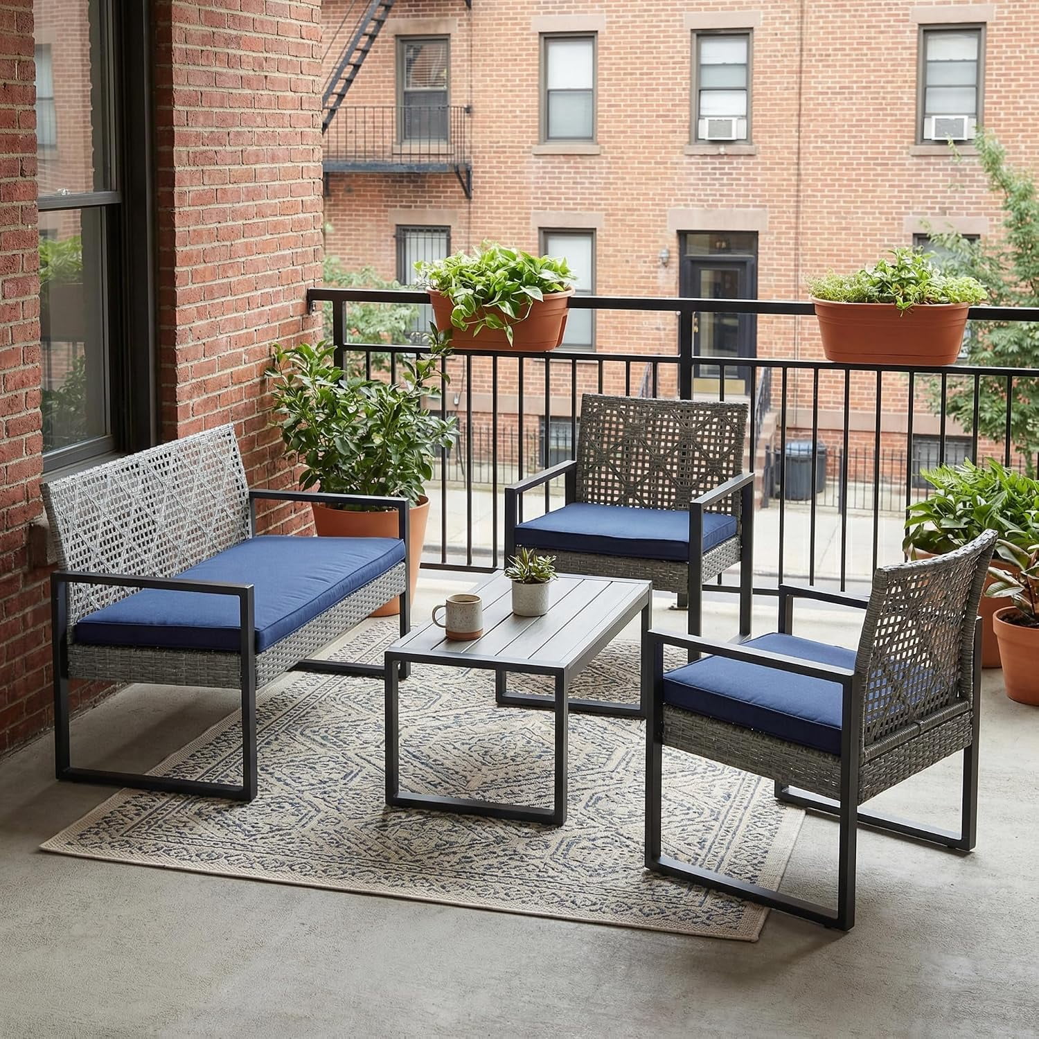 4-Piece Outdoor Patio Furniture Set, Acacia Wood Table Top, Light Gray Rattan with Blue Cushions