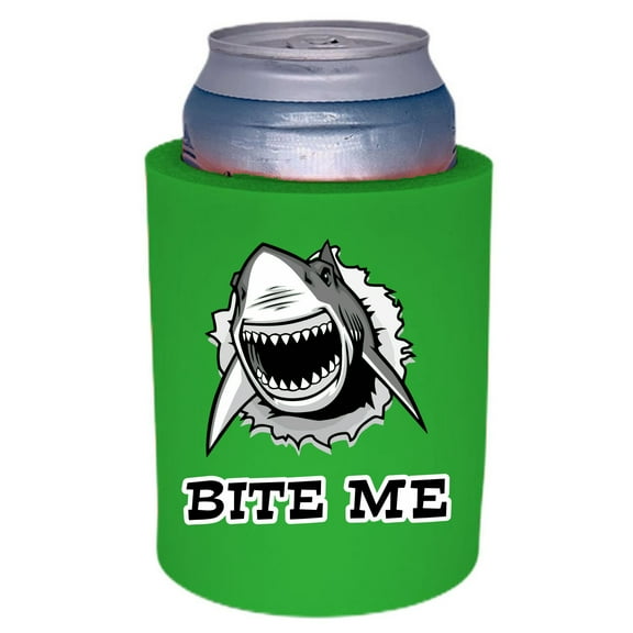 Bite Me Shark Thick Foam Old School Can Coolie (Bright Green)
