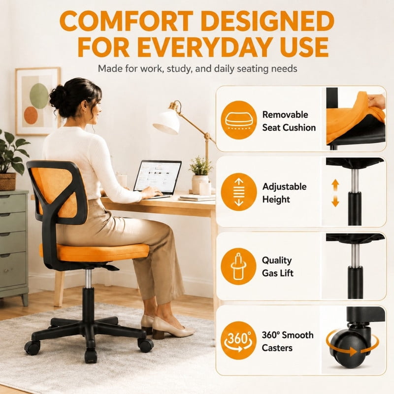 BEAUTYPEAK Desk Chair with Y-Shaped Lumbar Support Adjustable Armless Mesh Office Chair with Wheels for Home Office, Orange