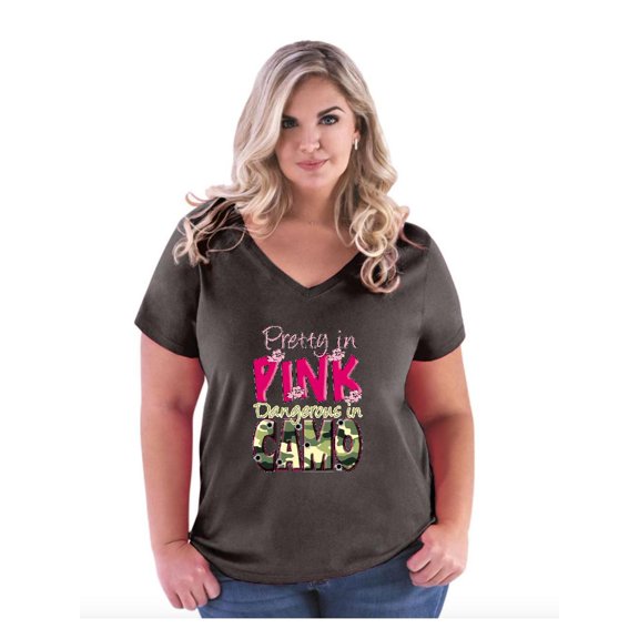 Women's Plus Size V-neck T-Shirt - Pretty in Pink Dangerous in Camo