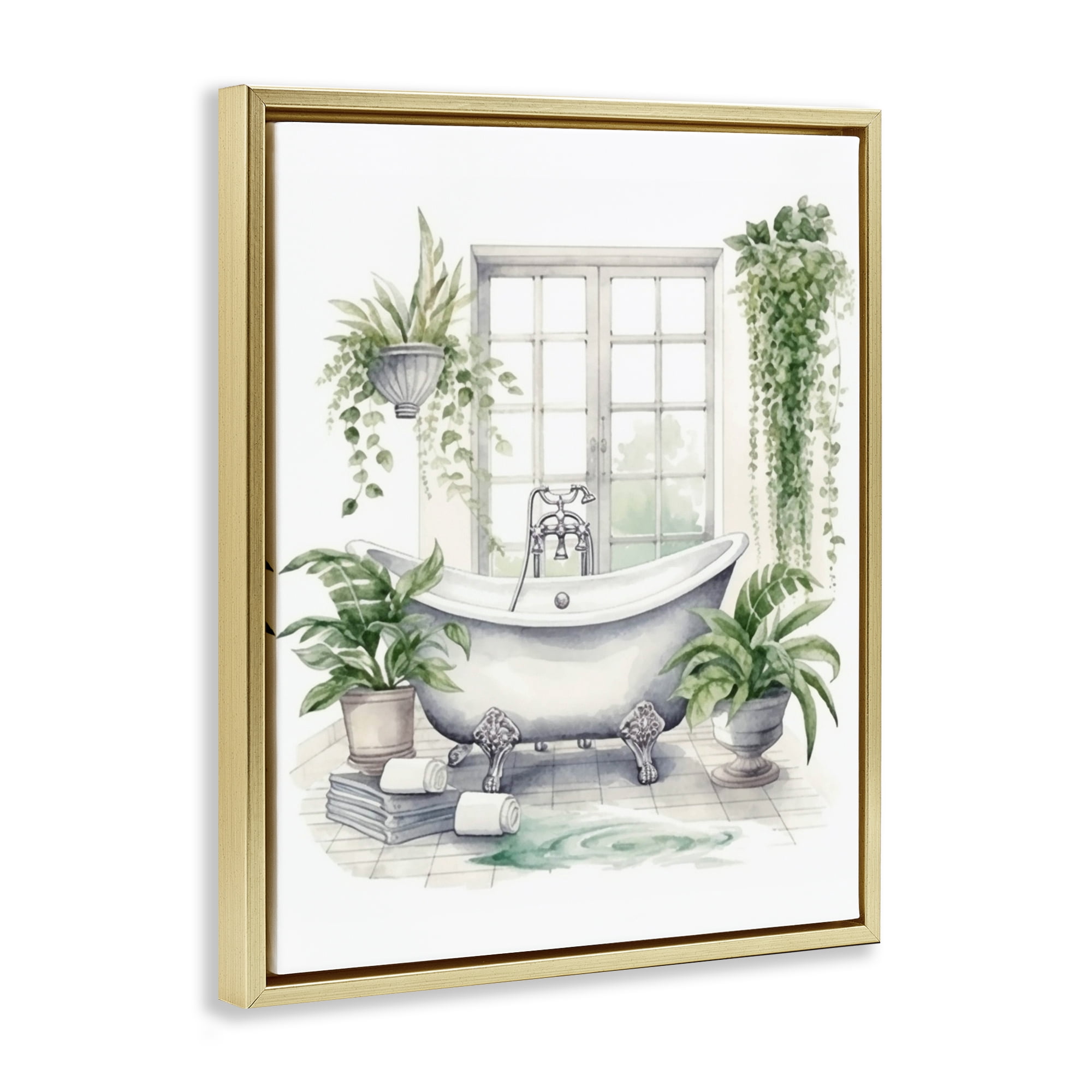 Lush Greenery Bathtub & Window Gold Framed Floater Canvas Wall Art, design by Lettered and Lined
