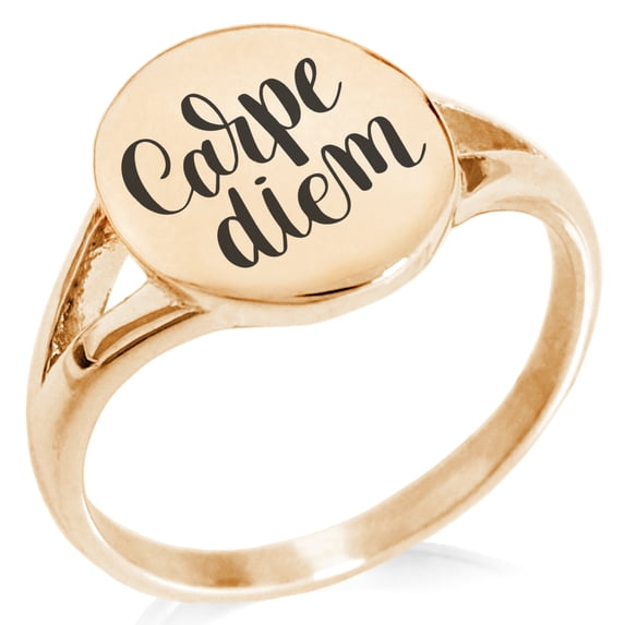 Stainless Steel Carpe Diem Calligraphy Minimalist Oval Top Polished Statement Ring