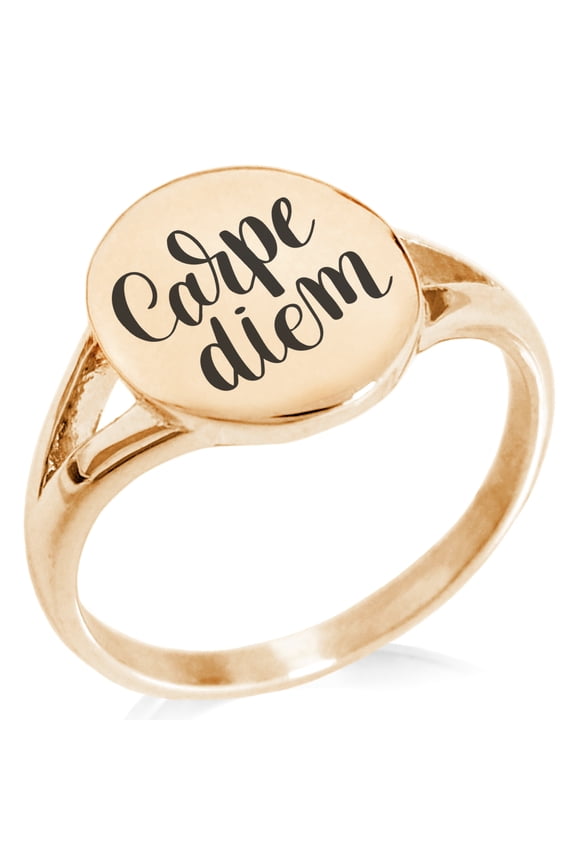 Stainless Steel Carpe Diem Calligraphy Minimalist Oval Top Polished Statement Ring