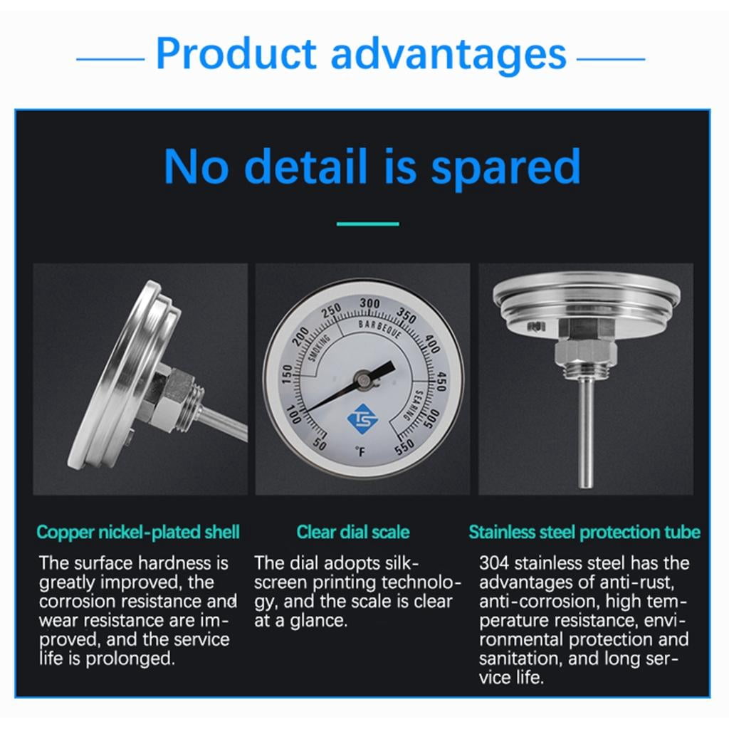 Round Dials Temperature Test Meter Stainless Steel 50-550℉ Oven Thermometers 1/2NPT Thread Mount Temp Gauge for Grill