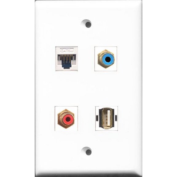 RiteAV 1 Port RCA Red and 1 Port RCA Blue and 1 Port USB A-A and 1 Port Cat5e Ethernet White Wall Plate
