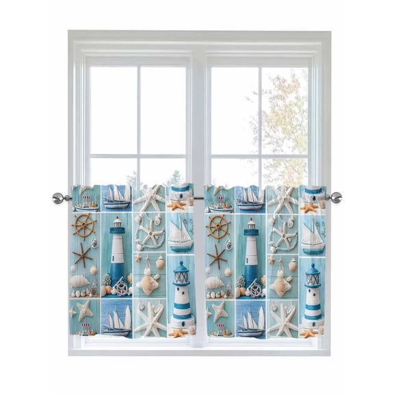 Half Window Curtain 36 Inches Long, Nautical Lighthouse Window Treatment Curtain Drapes, Ocean Starfish Anchor Sailboat Shell Small Tier Curtains for Bathroom Over Sink, 27.5"x36", 2 Panels