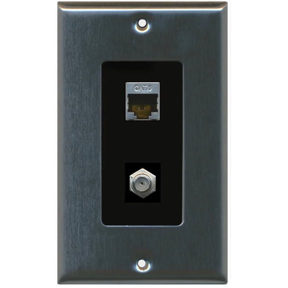 RiteAV Decorative 1 Gang Wall Plate (Stainless Steel/Black) 2 Port - Cat6 (Shielded) Coax (Black) - Bracket Included