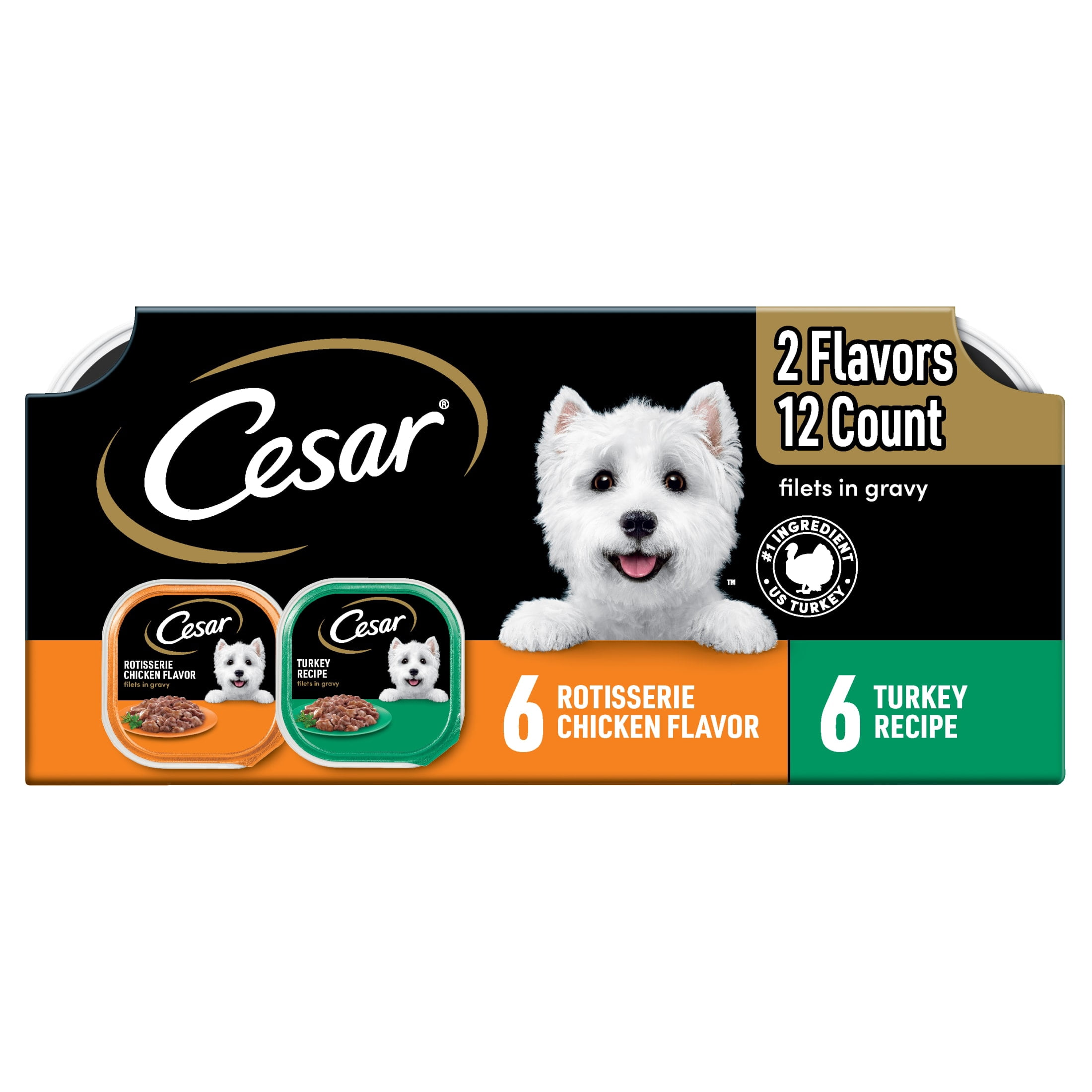 (4 pack) Cesar Filets in Gravy Poultry Flavor Variety Wet Dog Food Adult, 3.5 oz Easy Peel Trays (12 Pack)