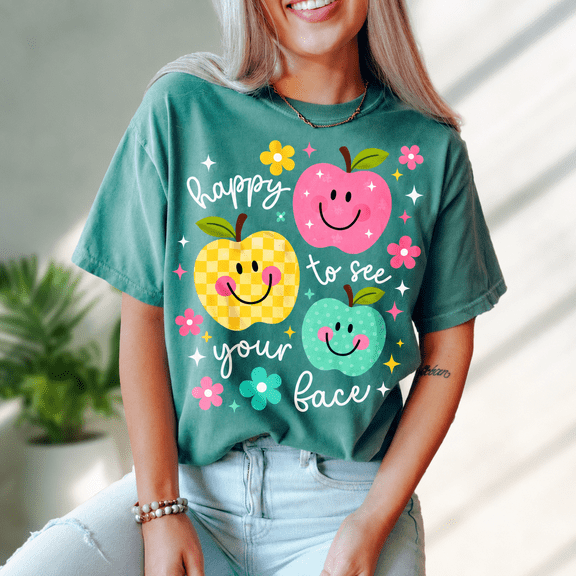 Happy to See Your Face Comfort Colors Shirt, Cute Apple Teacher Graphic Tee, Back to School Classroom Gift for Women