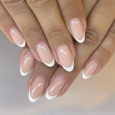 White French Tip Press on Nails Short Almond Nails False Nails Full Cover Glossy Acrylics Stick on Nails Glue on Nails Artificial Nails for Women Nail Art Manicure Decoration 24pcs