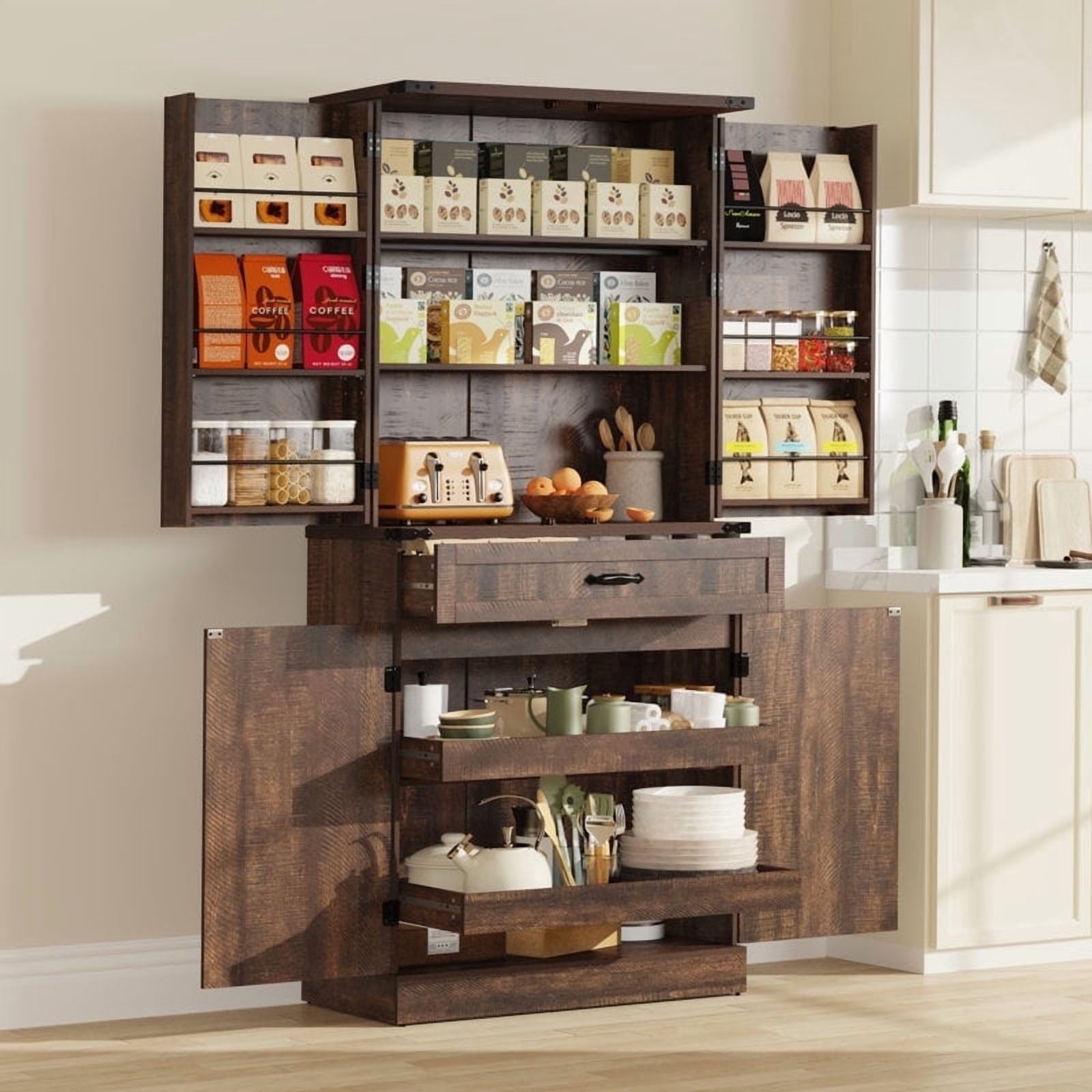71" Tall Farmhouse Kitchen Pantry Cabinet with 6 Side Shelves & 3 Storage Drawer, Multifunctional Pantry Organizer with Adjustable Shelves & Load-Bearing Steel Pipe for Kitchen,Living Room, Brown