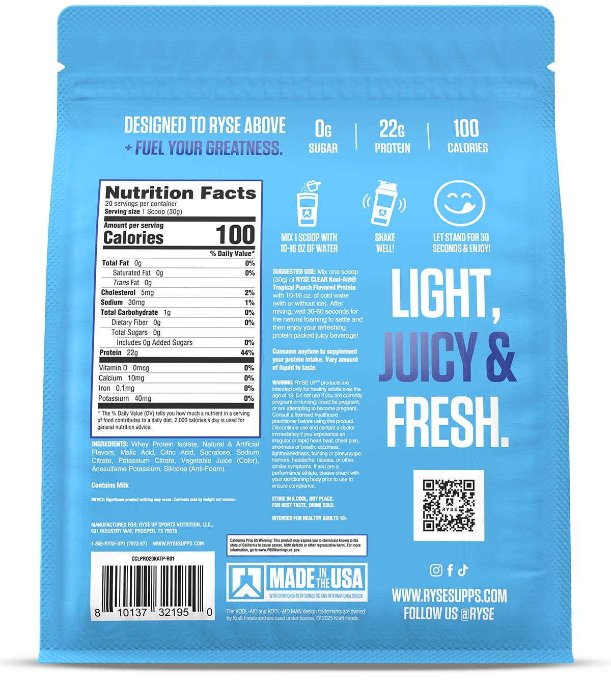 RYSE Clear Whey Isolate Protein Powder - Kool-Aid Tropical Punch - 20 Servings Bag