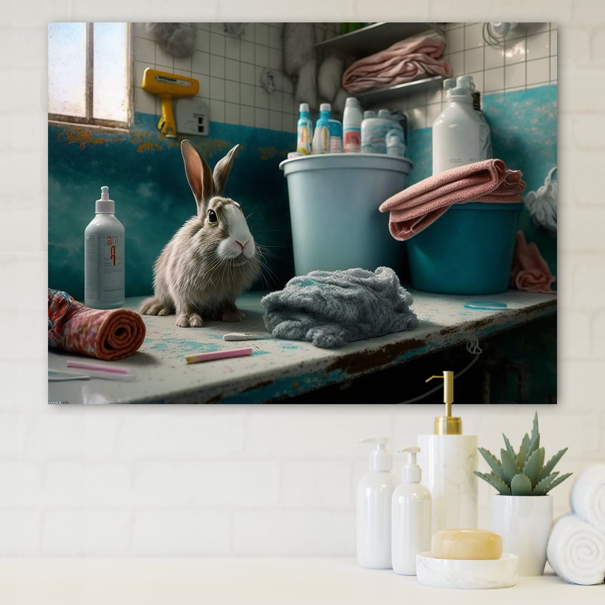 Designart Funny Rabbit Doing Laundry II Canvas Wall Art