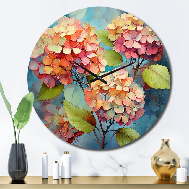 Designart "Coral Hydrangea curious" Floral Oversized Wall Clock
