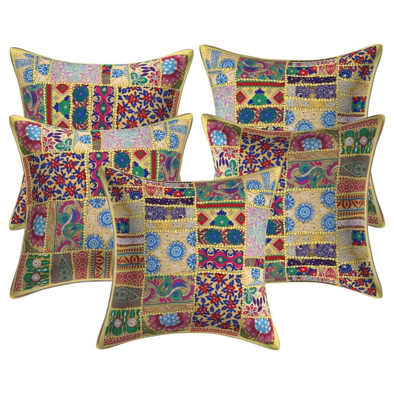 Stylo Culture Ethnic Cotton Decorative Throw Pillow Covers Lemon Yellow 20 x 20 Bohemian Vintage Patchwork Ethnic Sofa Cushion Covers 50x50 cm Home Decor Abstract Square Pillow Cases | Set Of 5