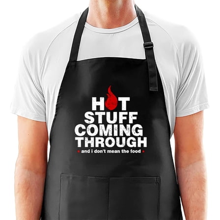 Funny BBQ Chef Apron for Men - Hot Stuff Coming Through Kitchen Apron with 2 Pockets - Black Aprons - Gift for Valentine's Day, Birthday, Father's Day