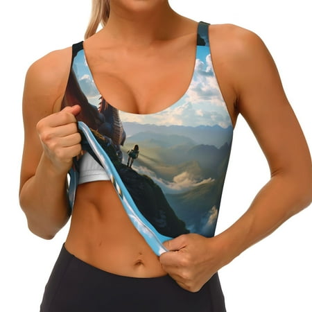 Qokaie Clear Sky Mountain Red Dragon Pattern Womens Scoop Neck Sports Bra Breathable Workout Vest Padded U Back Medium Impact Fitness Gym Yoga Bra Workout Crop Top