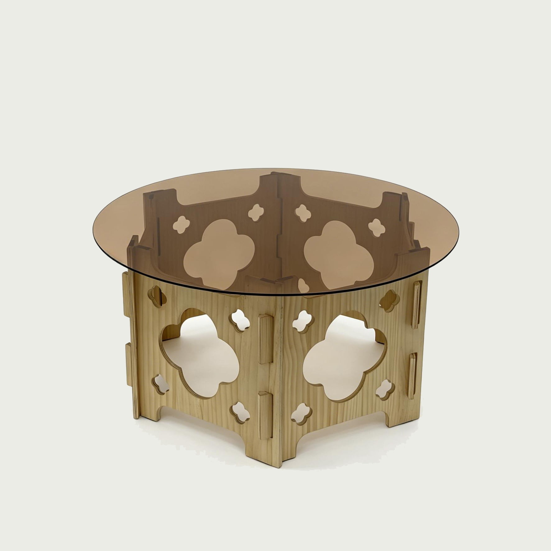 31.1-Inch Round Tempered Glass Coffee Table with Floral Hollow Wood Base, Farmhouse Center Tea Table for Living Room, Natural and Caramel