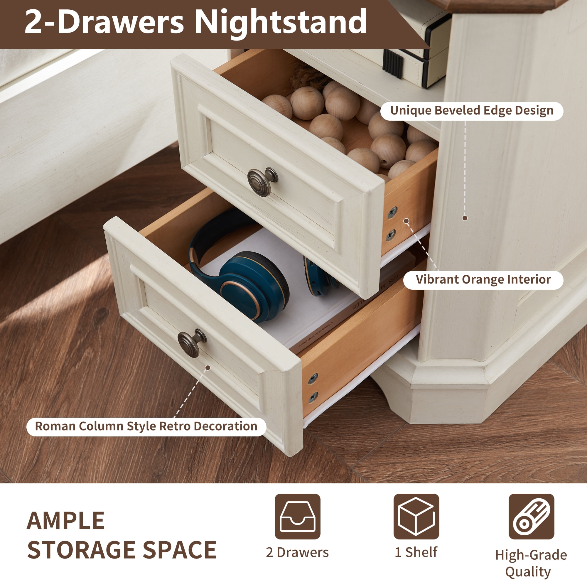 OKD Farmhouse Nightstand with Charging Station, End Table with 2 Drawers for Living Room, Side Table, Vintage White