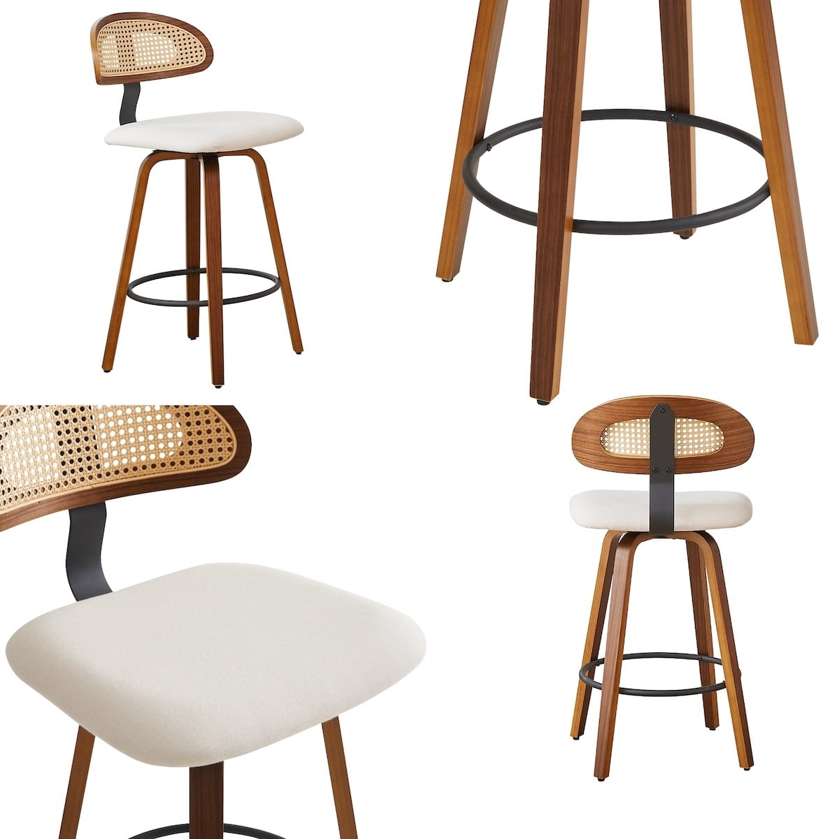 360° Swivel Rattan Bar Stools Set of 2, Counter Height Modern Kitchen Island Stools With Footrest, Uphostered Cushion, Comfortable Durable, White
