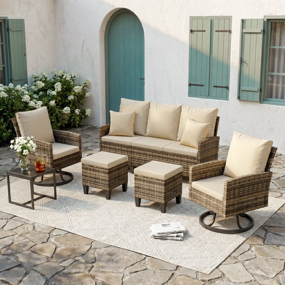 TECHMILLY 6-Piece Patio Furniture Set, Outdoor Patio Sofa Set With Wide Armrest, All-Weather Wicker Rattan Guest Set With Cushion And Glass Table And Waterproof Cover, Brown & Navy Blue