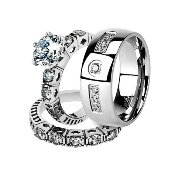 His and Her Stainless Steel 3.10 Ct Cz Bridal Ring Set and Men Zirconia Wedding Band Women's Size 10 Men's Size 10