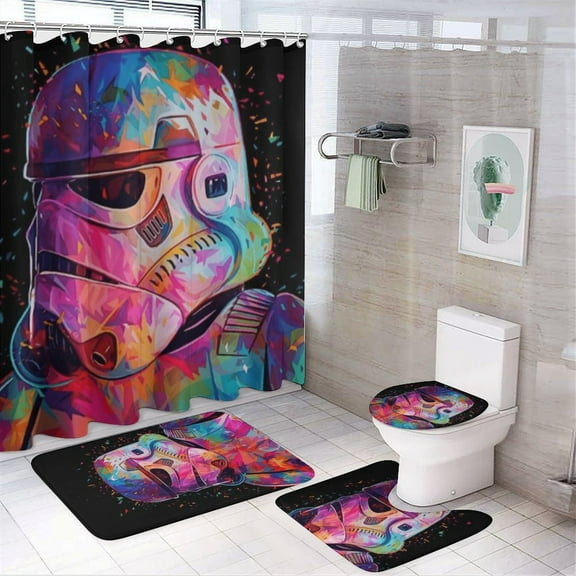 4 Pcs Shower Curtain Set Darth Vader Shower Curtain with 12 Hooks, Non-Slip Rugs,Toilet Lid Cover And Bath Mat for Bathroom Decor