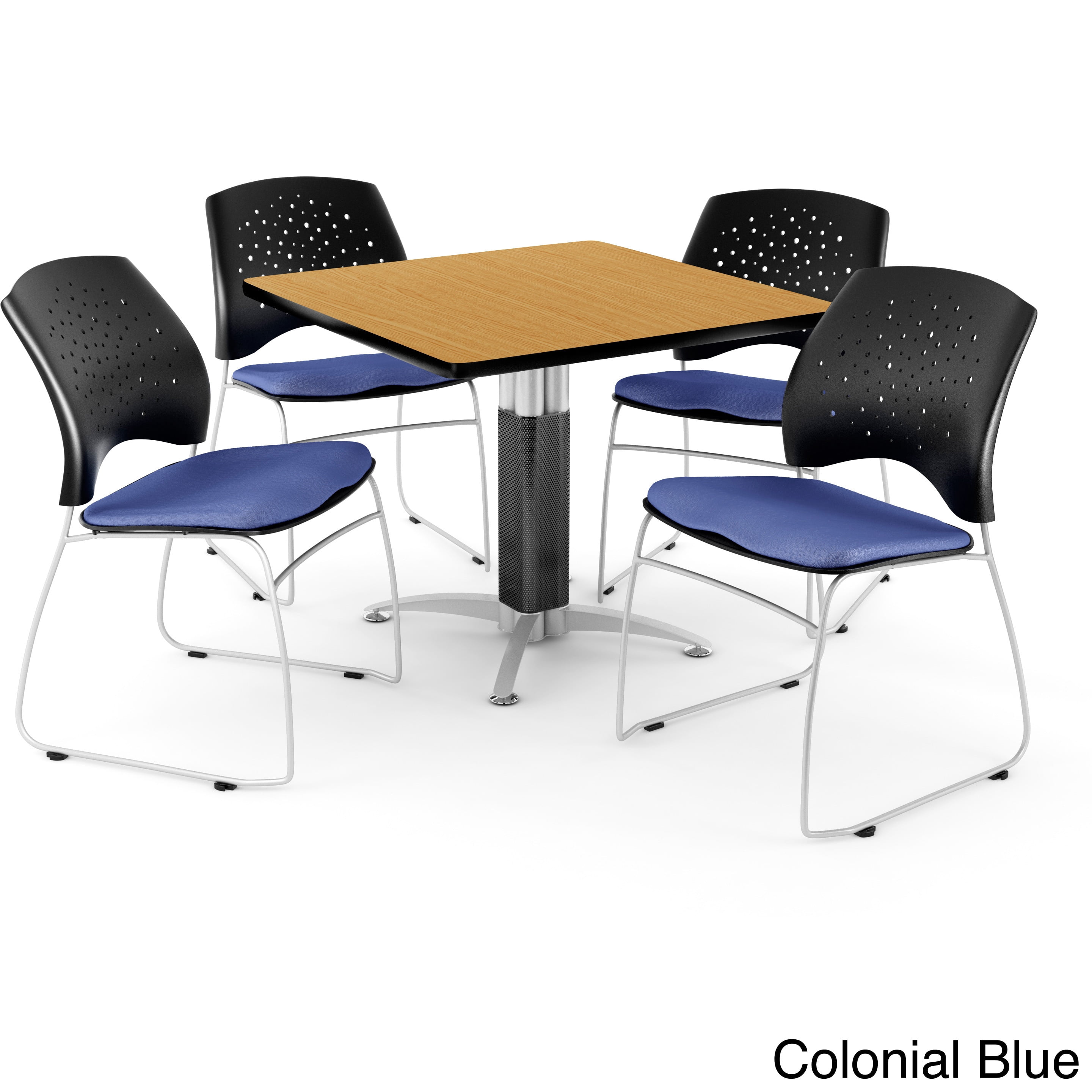 Core Collection Breakroom Bundle, 42" Square Metal Mesh Base Multi-purpose Table in Oak, 4 Stars Stacking Chairs in Lavender (PKG-BRK-018-0050)