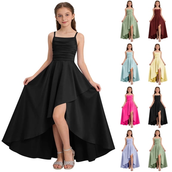SGFCWSX Girls Pageant Dress Spaghetti Strap Satin High Low Hem Ruched Wedding Party Dresses for Kids Black Size 11