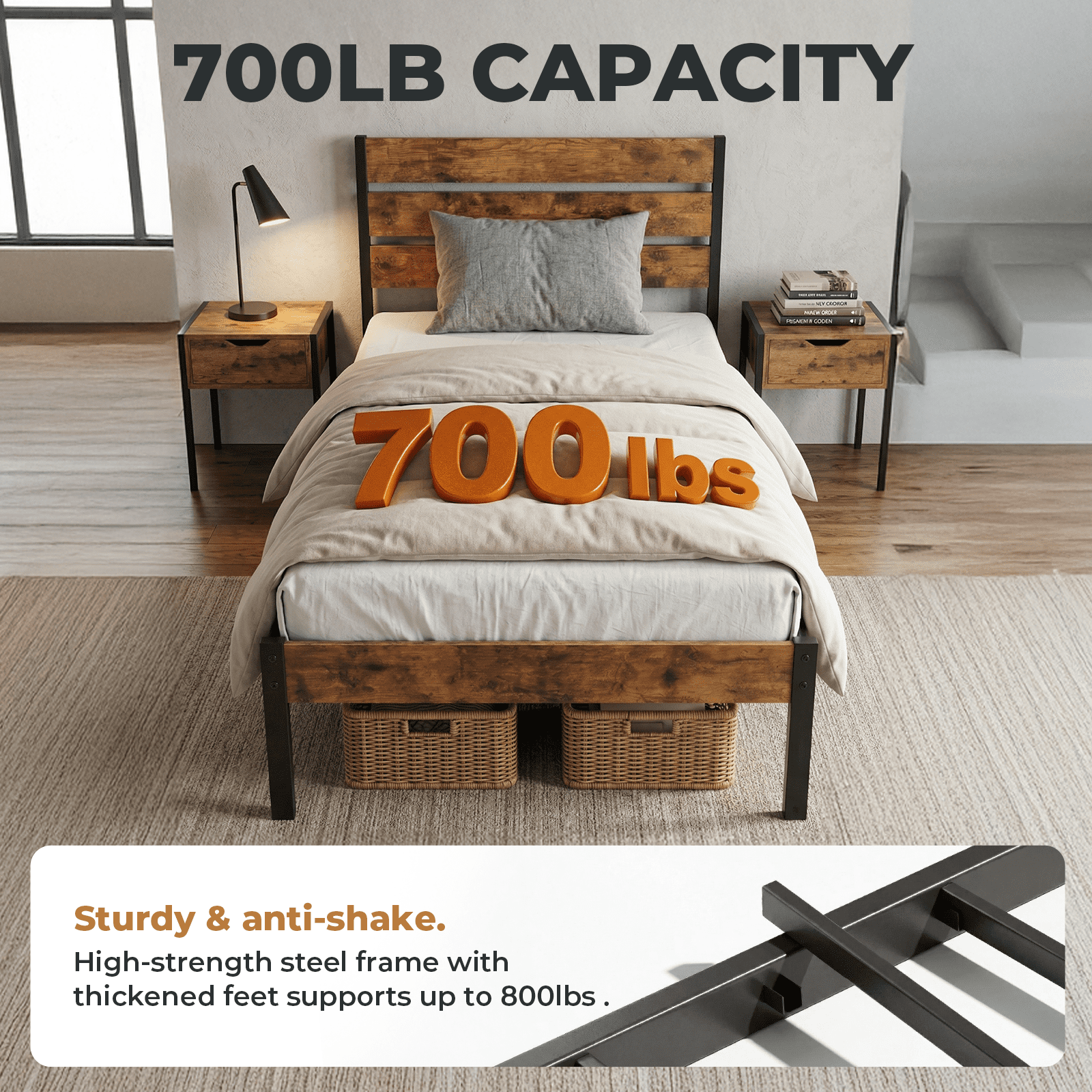 Alvantor Metal Platform Bed Frame with Headboard & Footboard - No Box Spring Needed, 800LBS Sturdy Wooden Slats Support, Industrial Style