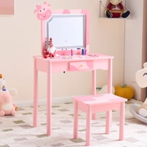 iRerts Kids Vanity Set with Lights, Cow Kids Make Up Vanity Desk with Mirror for Little Girls, 2 in 1 Princess Girls Makeup Vanity Toddler Vanity Table and Chairs Set with Drawer, Pink